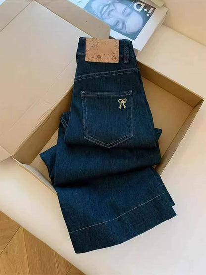 Blue straight jeans women's autumn new large size fat mm pear-shaped body slim elastic nine-point wide-leg pants