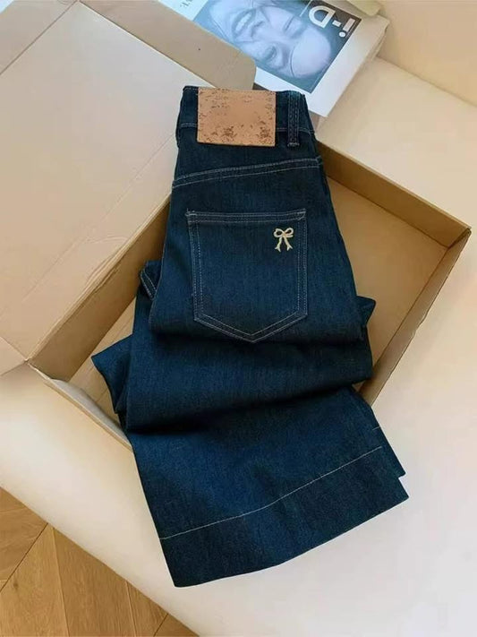 Blue straight jeans women's autumn new large size fat mm pear-shaped body slim elastic nine-point wide-leg pants