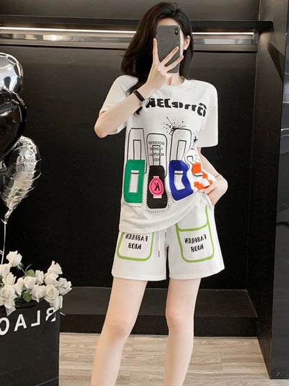 Summer 2025 new large size fat mm casual sports suit female loose white short-sleeved T-shirt shorts two-piece suit