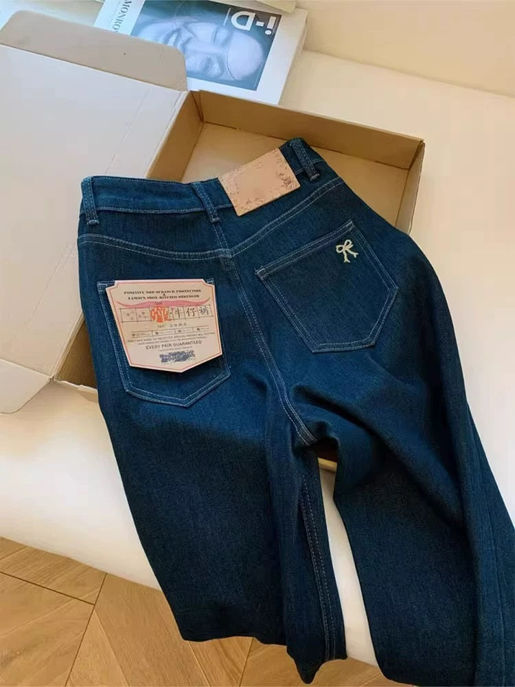 Blue straight jeans women's autumn new large size fat mm pear-shaped body slim elastic nine-point wide-leg pants