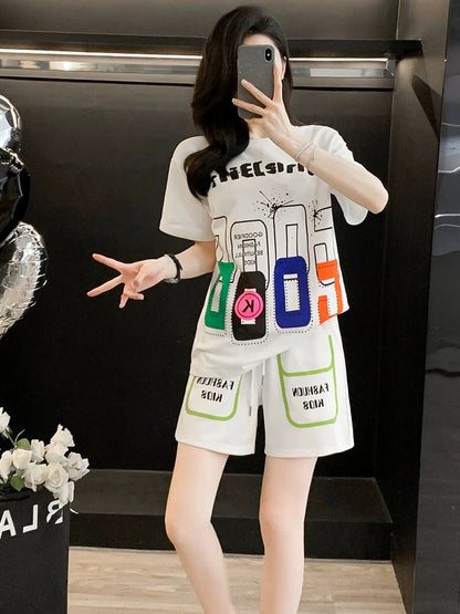 Summer 2025 new large size fat mm casual sports suit female loose white short-sleeved T-shirt shorts two-piece suit