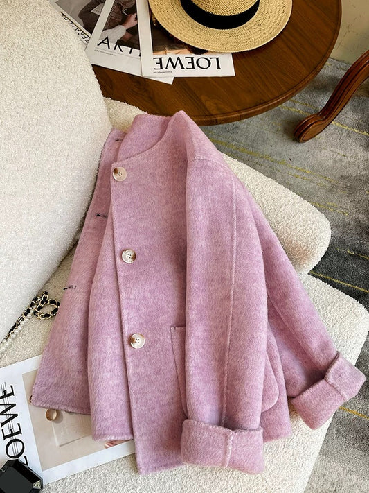 Pink small fragrance double-sided woolen woolen coat for women 2024 autumn and winter new style high-end short woolen coat