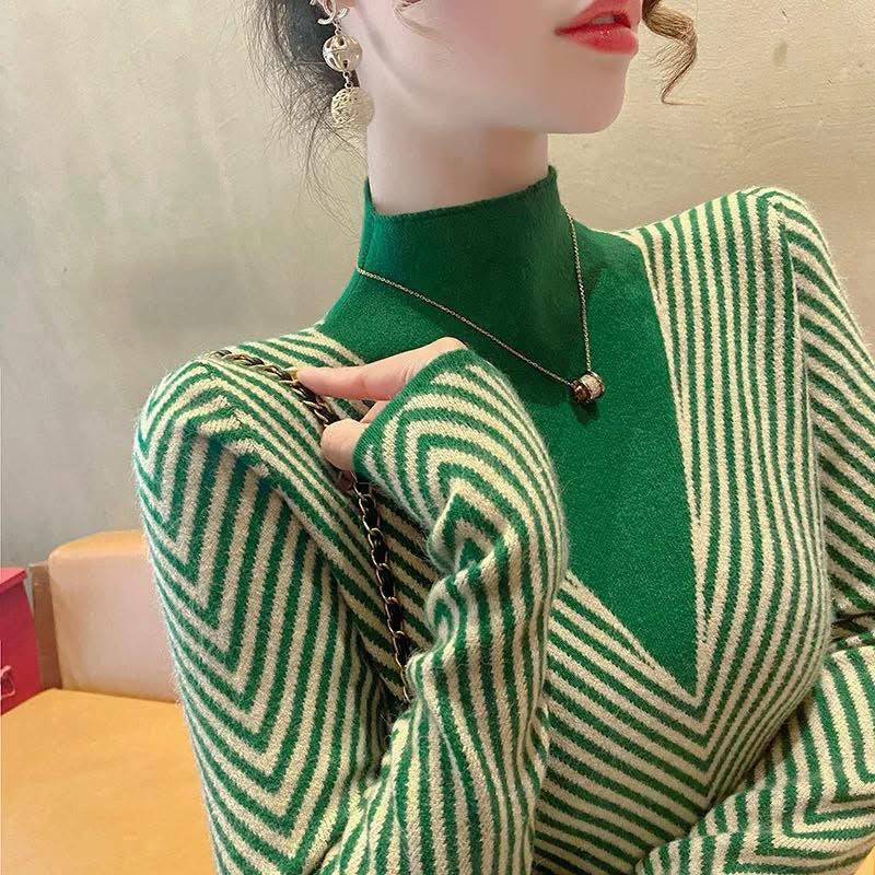 2025 early autumn new green striped half-high collar bottoming shirt stylish and fashionable knitted sweater inner wear