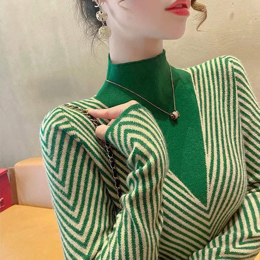 2025 early autumn new green striped half-high collar bottoming shirt stylish and fashionable knitted sweater inner wear