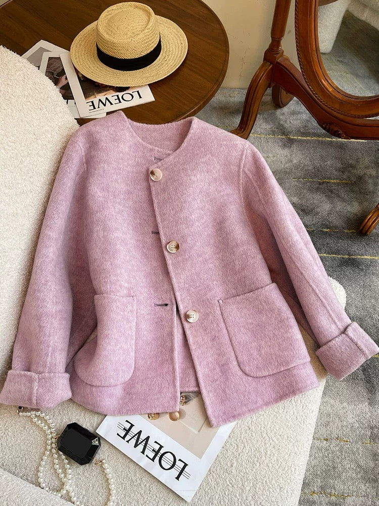 Pink small fragrance double-sided woolen woolen coat for women 2024 autumn and winter new style high-end short woolen coat