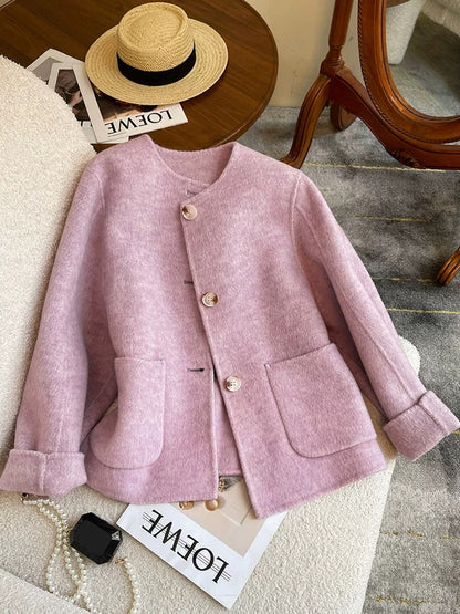 Pink small fragrance double-sided woolen woolen coat for women 2024 autumn and winter new style high-end short woolen coat