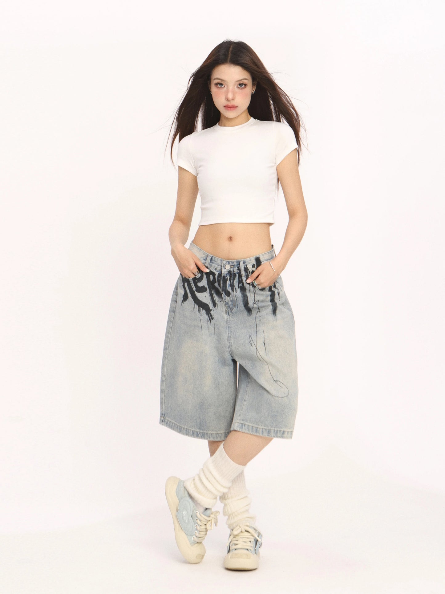 BIGGOLD American high-end ink-sprayed blue jeans niche design straight wide-leg cropped pants