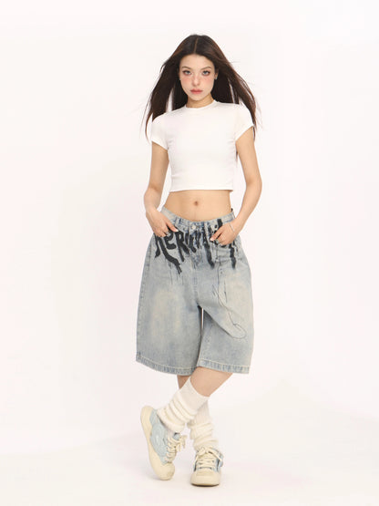 BIGGOLD American high-end ink-sprayed blue jeans niche design straight wide-leg cropped pants