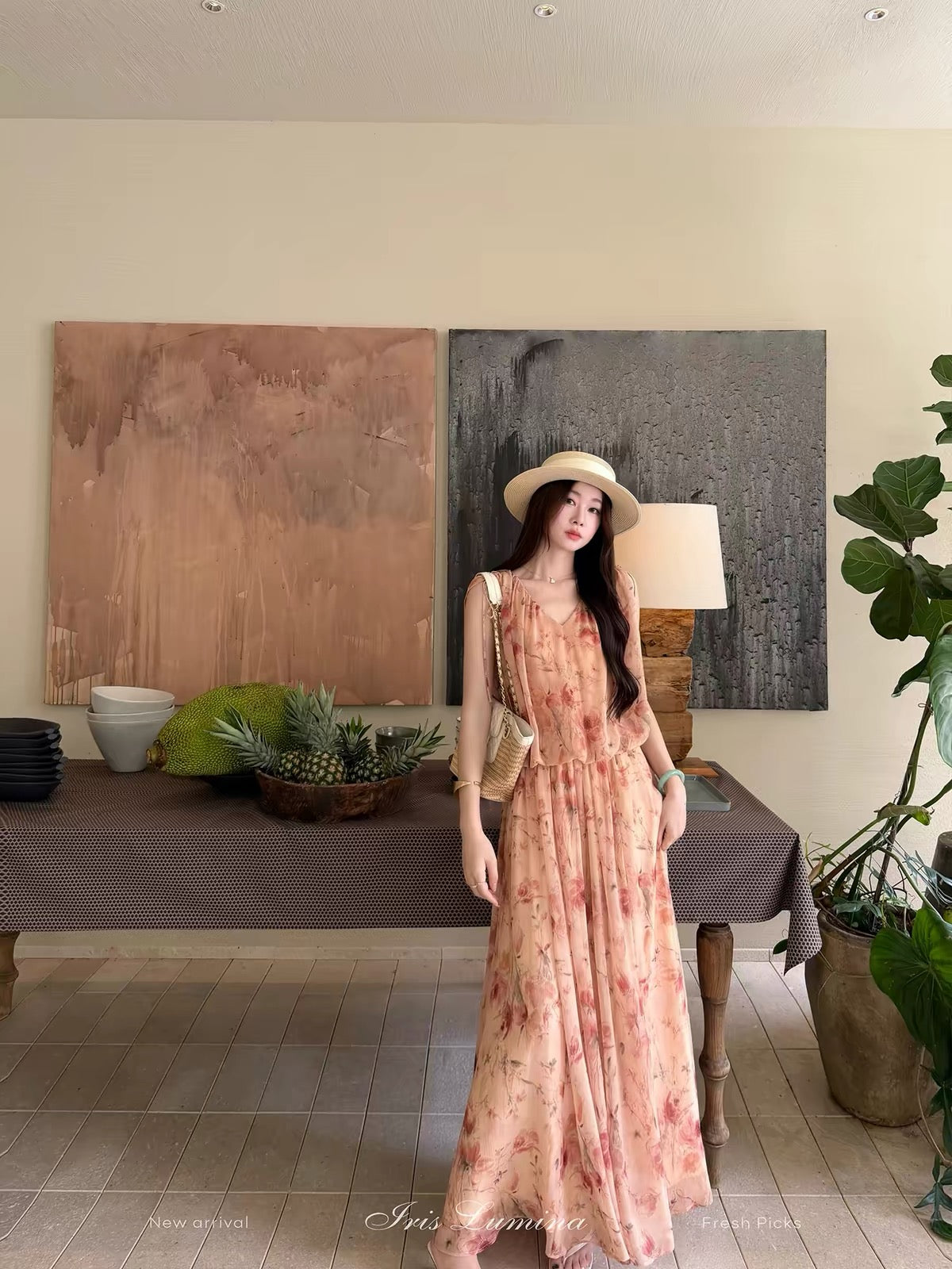Iris Lumina "Seine Evening Breeze" French-style floral sleeveless maxi dress with a waist-cinching silhouette and atmospheric charm.