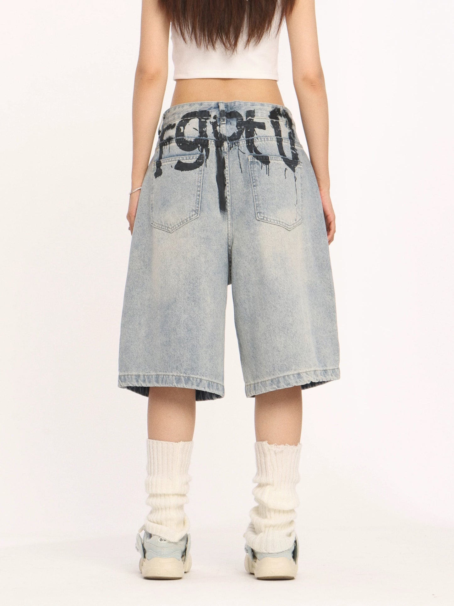BIGGOLD American high-end ink-sprayed blue jeans niche design straight wide-leg cropped pants
