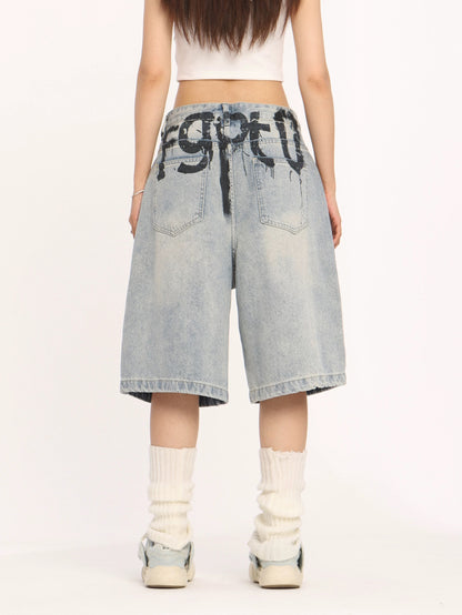 BIGGOLD American high-end ink-sprayed blue jeans niche design straight wide-leg cropped pants