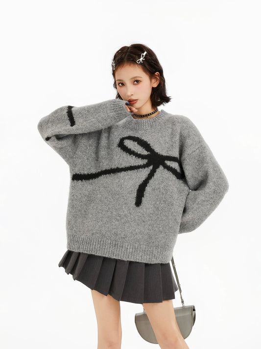 Gray bowknot round neck pullover knitted sweater for women winter thickened autumn and winter loose lazy bottoming top
