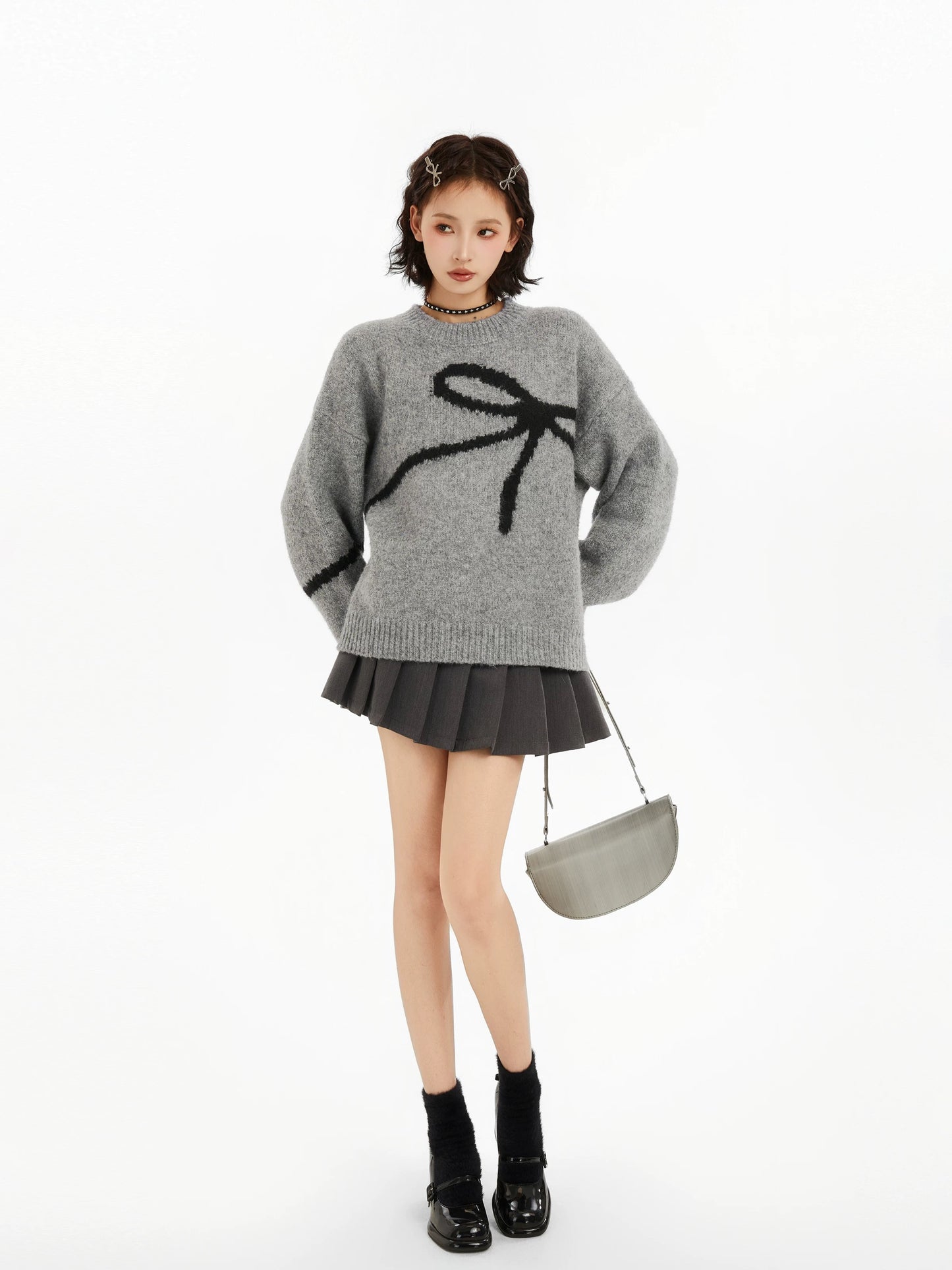 Gray bowknot round neck pullover knitted sweater for women winter thickened autumn and winter loose lazy bottoming top