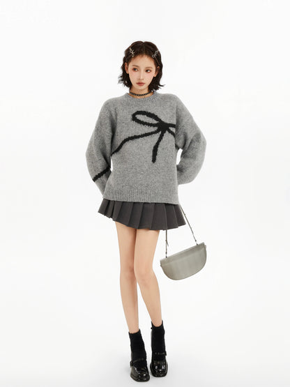 Gray bowknot round neck pullover knitted sweater for women winter thickened autumn and winter loose lazy bottoming top