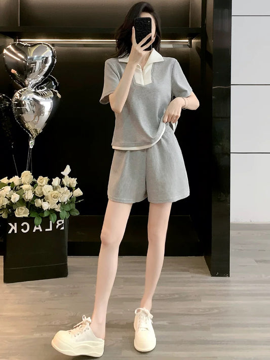 European goods gray casual sports suit for women 2025 summer fashion age-reducing niche short-sleeved top shorts two-piece suit