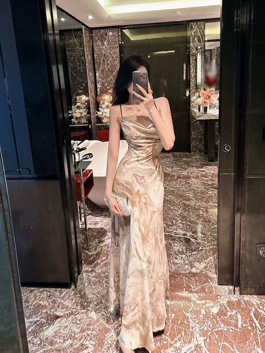 BETTER LS sexy backless ladylike suspender dress for women spring new retro printed French long skirt
