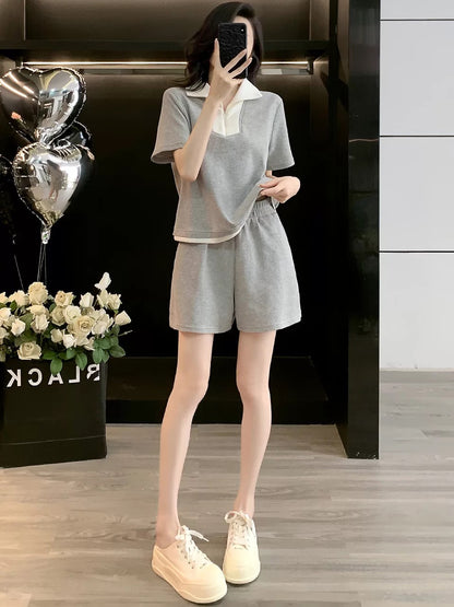 European goods gray casual sports suit for women 2025 summer fashion age-reducing niche short-sleeved top shorts two-piece suit