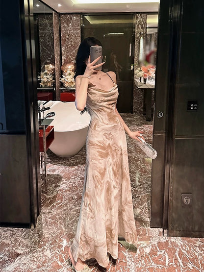 BETTER LS sexy backless ladylike suspender dress for women spring new retro printed French long skirt