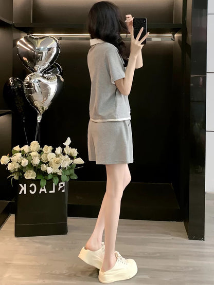 European goods gray casual sports suit for women 2025 summer fashion age-reducing niche short-sleeved top shorts two-piece suit