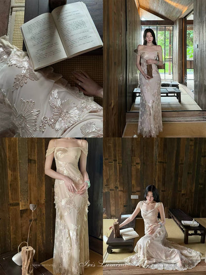 Iris Lumina "White Tea Venus" Elegant Summer Dress – A Stylish, Waist-Defining, Off-Shoulder Maxi Dress