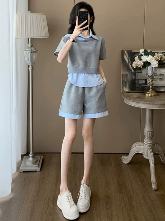 Summer fashion age-reducing leisure sports suit for women design fake two-piece gray short-sleeved top and shorts two-piece suit