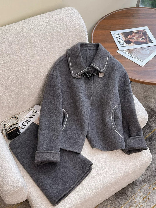 Gray short double-sided woolen coat for women autumn and winter 2024 new high-end two-piece woolen coat