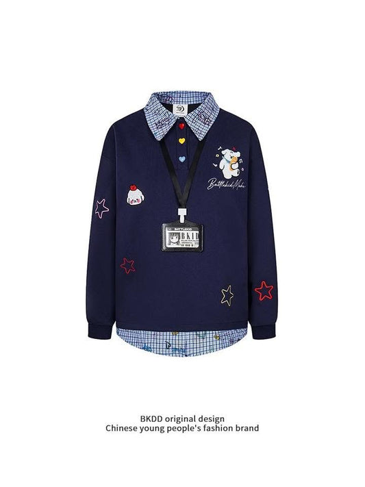 BKDD original design college style POLO collar long sleeve plaid lapel sweatshirt men and women 2025 autumn couple tops