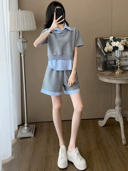 Summer fashion age-reducing leisure sports suit for women design fake two-piece gray short-sleeved top and shorts two-piece suit