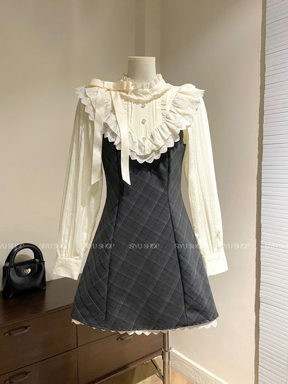 Long-sleeved version ~ Yuri retro plaid dress, elegant skirt with lace trim and a fitted waist, perfect for autumn.
