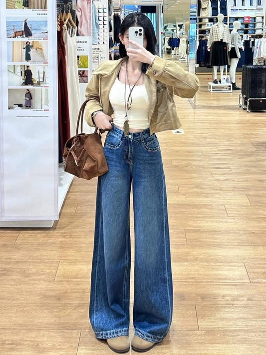 Qiaozhan's new early autumn embroidered wide-leg jeans for women, high waist, retro design, loose and slim fit for petite girls