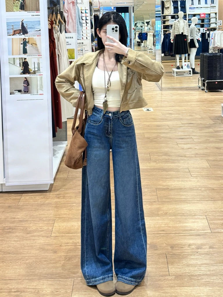 Qiaozhan's new early autumn embroidered wide-leg jeans for women, high waist, retro design, loose and slim fit for petite girls