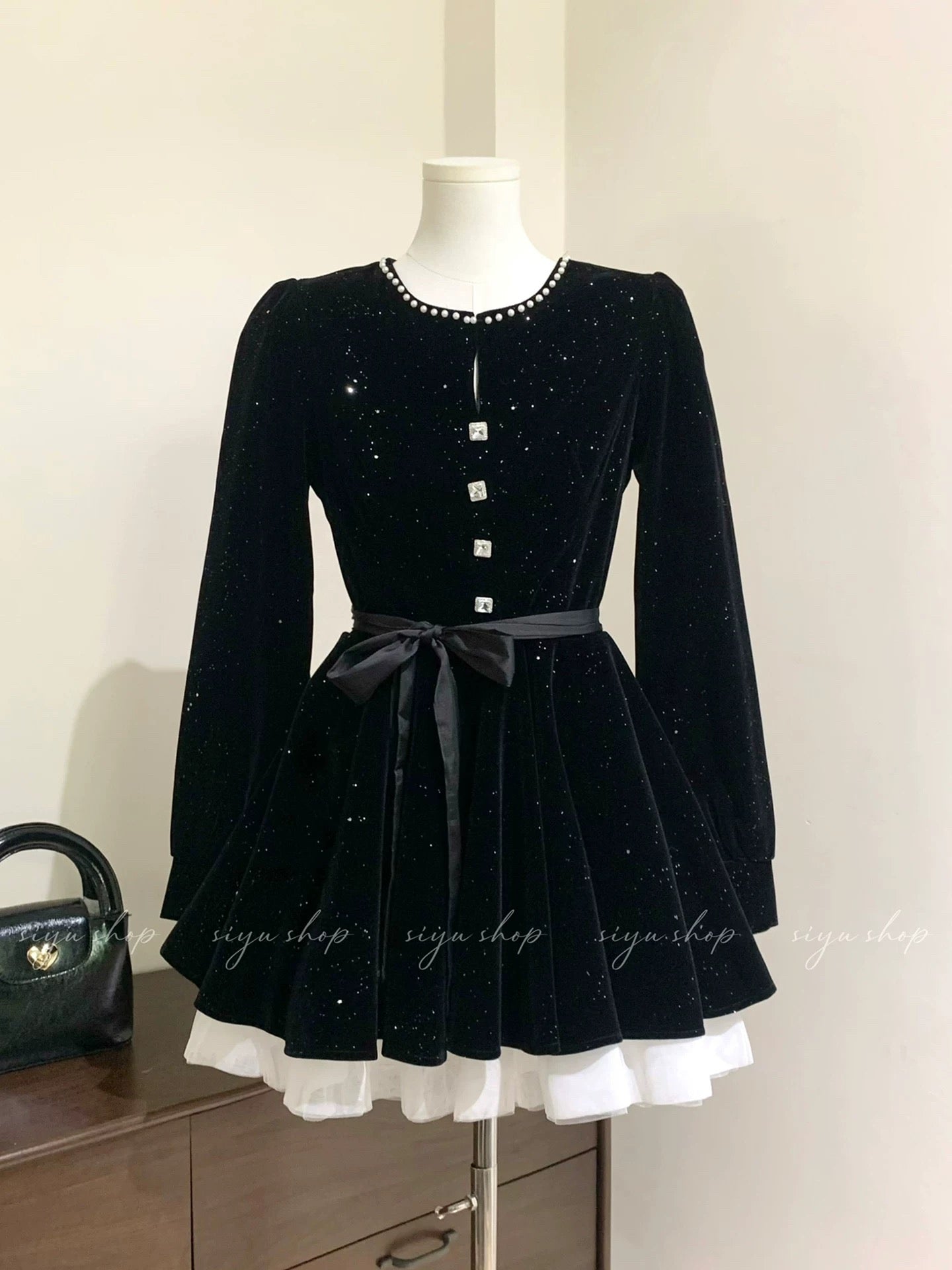 Pearl Starry Night Custom-Made Sparkling Velvet Multi-Layer Tulle Dress with Beaded Skirt