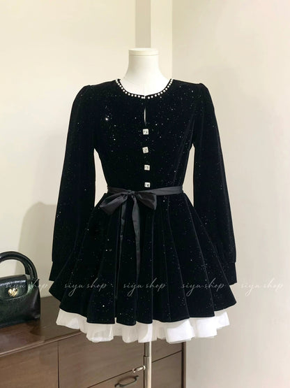 Pearl Starry Night Custom-Made Sparkling Velvet Multi-Layer Tulle Dress with Beaded Skirt