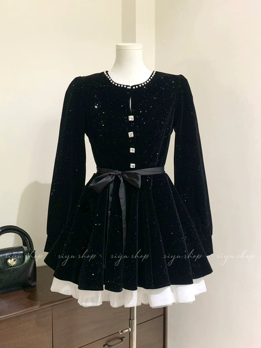 Pearl Starry Night Custom-Made Sparkling Velvet Multi-Layer Tulle Dress with Beaded Skirt