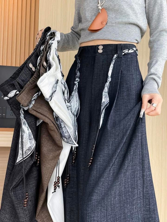 Scarf tie denim suit pants women's spring and autumn 2025 new small high waist drape casual loose wide leg pants