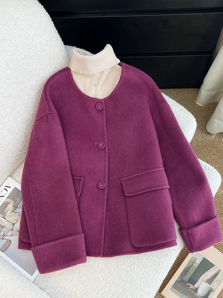 Purple double-sided woolen woolen coat for women autumn and winter 2024 new high-end and super good-looking short woolen coat