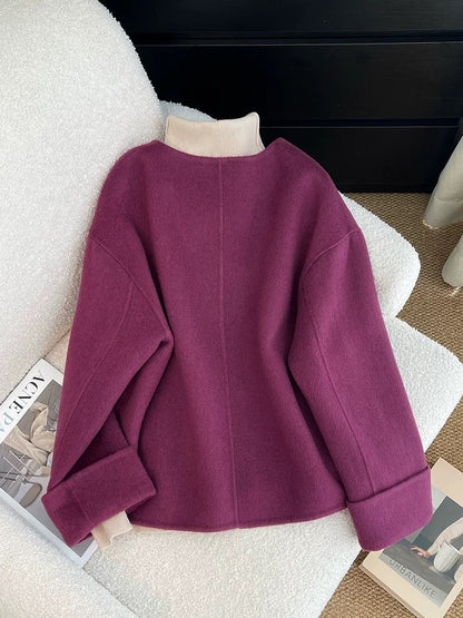 Purple double-sided woolen woolen coat for women autumn and winter 2024 new high-end and super good-looking short woolen coat