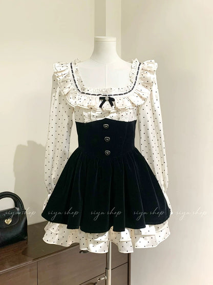 Castle Heiress French Girl Dress Polka Dot Velvet High-End Two-Piece Slim Fit A-Line Skirt