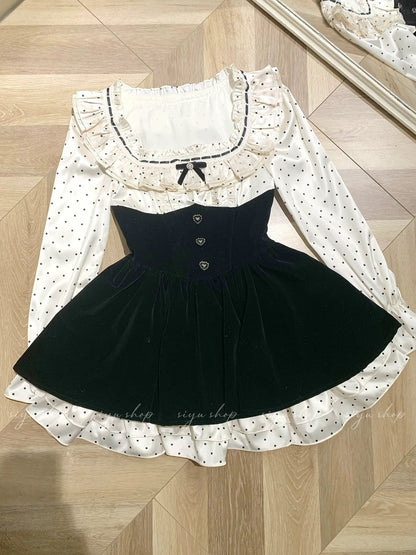 Castle Heiress French Girl Dress Polka Dot Velvet High-End Two-Piece Slim Fit A-Line Skirt