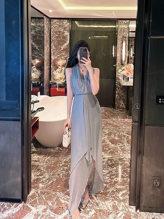 BETTER LS Sexy backless v-neck ladylike halterneck dress banquet party French dress skirt for women