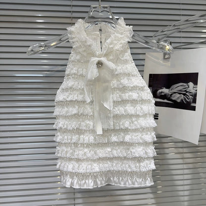 Internet celebrity same style 2025 summer new sweet lady tie bow lace pleated halter neck vest top for women