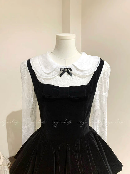 "Black Velvet Cake" French-style elegant lace-trimmed mesh velvet long-sleeved dress with a puffy skirt