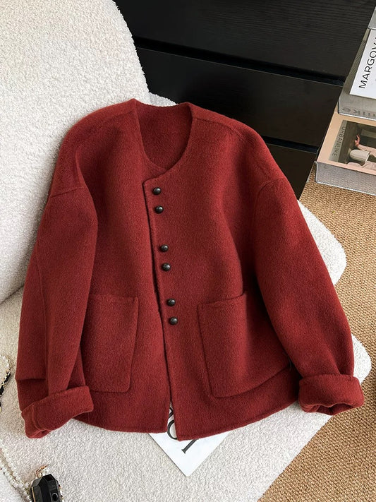 Red double-sided woolen woolen coat for women autumn and winter 2024 new animal year small fragrant style short woolen coat