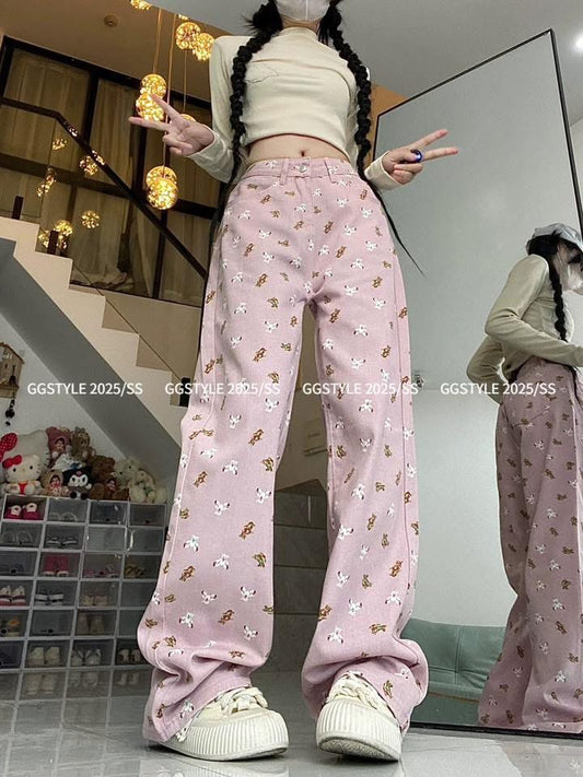 Korean version of sweet pink bear print jeans for women spring petite slim straight wide-leg casual trousers trendy