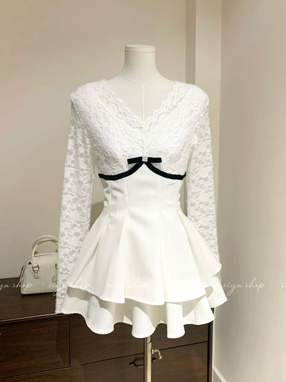 Miss Coco ~ Simple and elegant plush lace patchwork ruffled waist V-neck dress for autumn