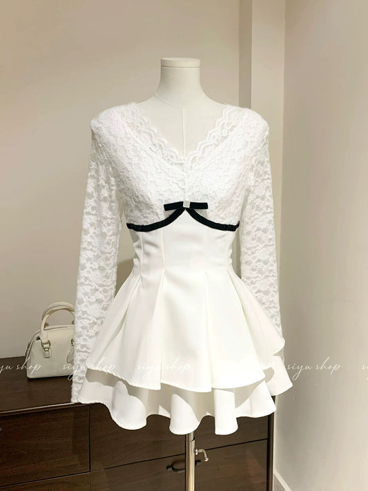 Miss Coco ~ Simple and elegant plush lace patchwork ruffled waist V-neck dress for autumn