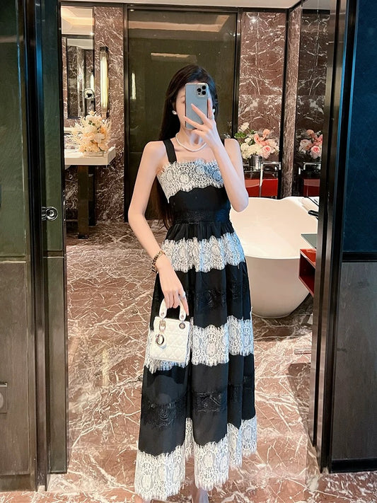 BETTER LS women's 2024 new high-end Hepburn style suspender dress spliced lace French long skirt