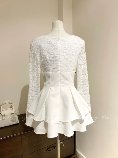 Miss Coco ~ Simple and elegant plush lace patchwork ruffled waist V-neck dress for autumn