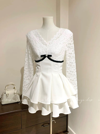 Miss Coco ~ Simple and elegant plush lace patchwork ruffled waist V-neck dress for autumn