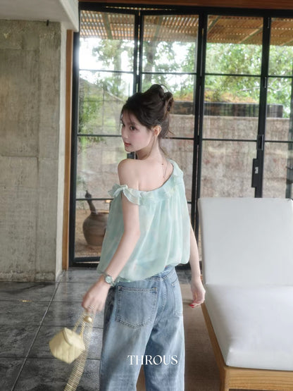 Xieburou Women's Summer Off-Shoulder T-Shirt – Sweet, Loose-Fit Top Featuring Ombré Ruffles, Asymmetric Neckline, and Ribbon Detail